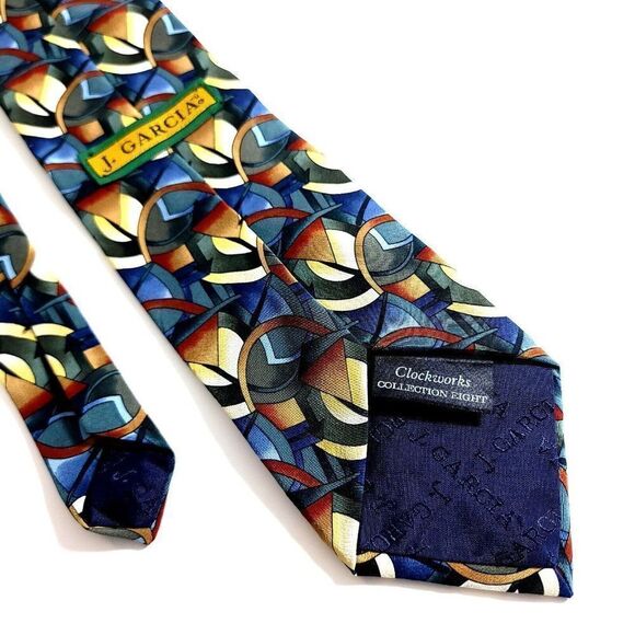 Vintage J. Garcia Collection 8 Clockworks Abstract Print Green Blue Silk Tie - Picture 6 of 7